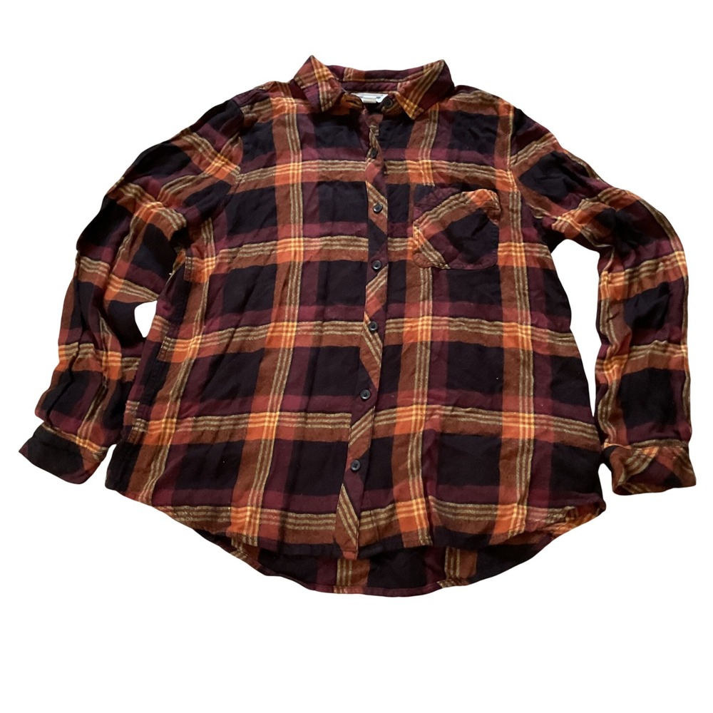 Beachlunchlounge Plaid Flannel Button Down Shirt Burgundy Orange Black Large